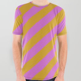 [ Thumbnail: Orchid & Goldenrod Colored Pattern of Stripes All Over Graphic Tee ]