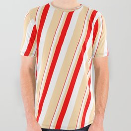 [ Thumbnail: Red, White, and Tan Colored Lines/Stripes Pattern All Over Graphic Tee ]