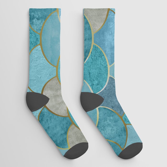 Moroccan Fish Scale Mermaid Pattern, Teal Blue and Gold Socks
