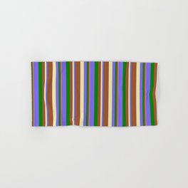 [ Thumbnail: Green, Medium Slate Blue, Pale Goldenrod, and Sienna Colored Striped Pattern Hand & Bath Towel ]