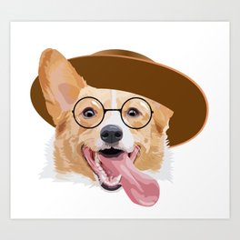 Smiling Corgi with Round Glasses and Hat Art Print | Breed, Cutepuppy, Doge, Corgi, Doggo, Digital, Fluffy, Dogwithtongueout, Fun, Cute 