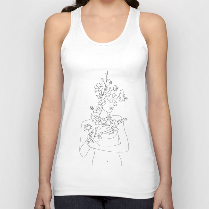 Minimal Line Art Woman with Wild Roses Tank Top