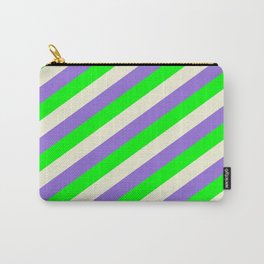 [ Thumbnail: Purple, Lime, and Beige Colored Lines/Stripes Pattern Carry-All Pouch ]