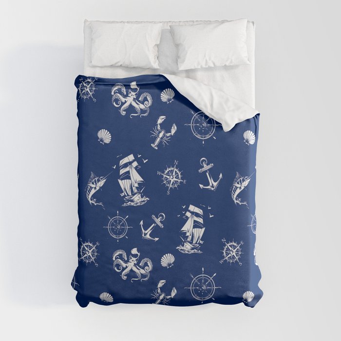 Blue And White Silhouettes Of Vintage Nautical Pattern Duvet Cover