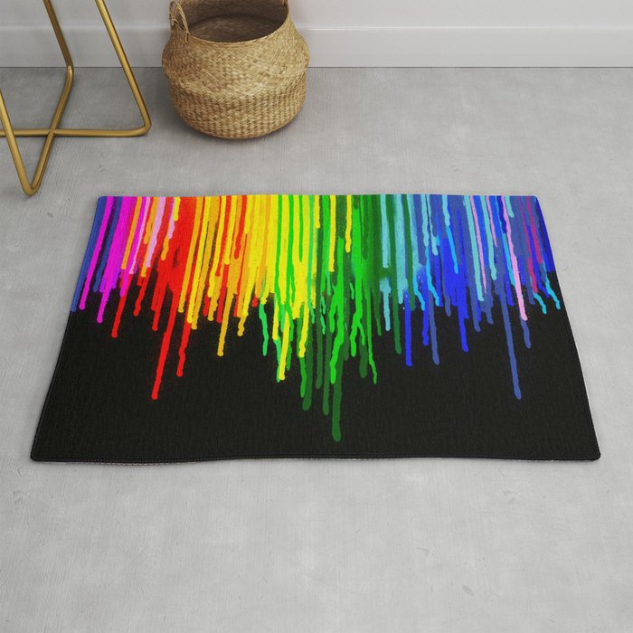 Rainbow Paint Drops on Black Rug