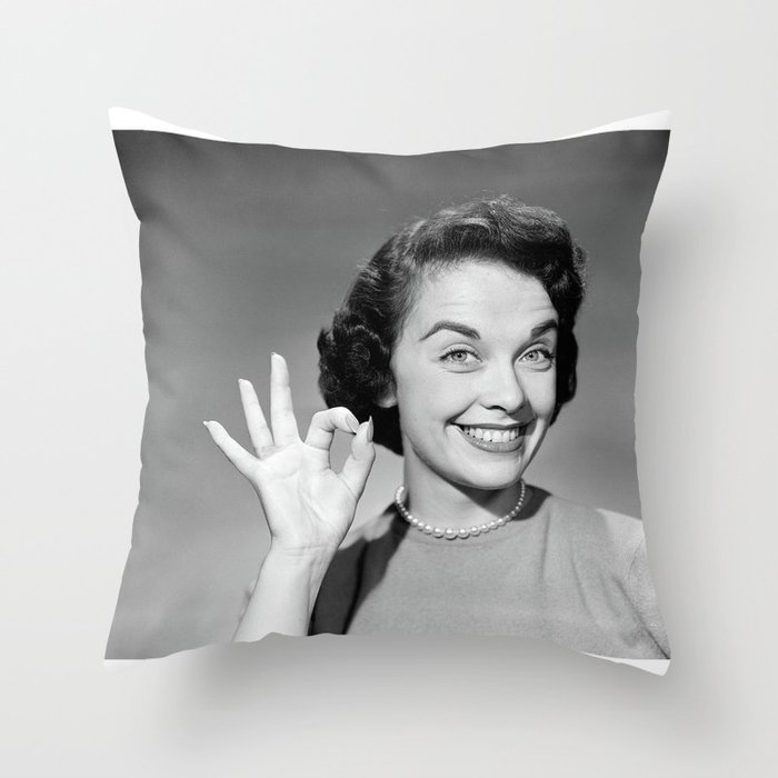 Woman Smiling Wearing Pearl Photograph Home Decor, Vintage, classroom Throw Pillow