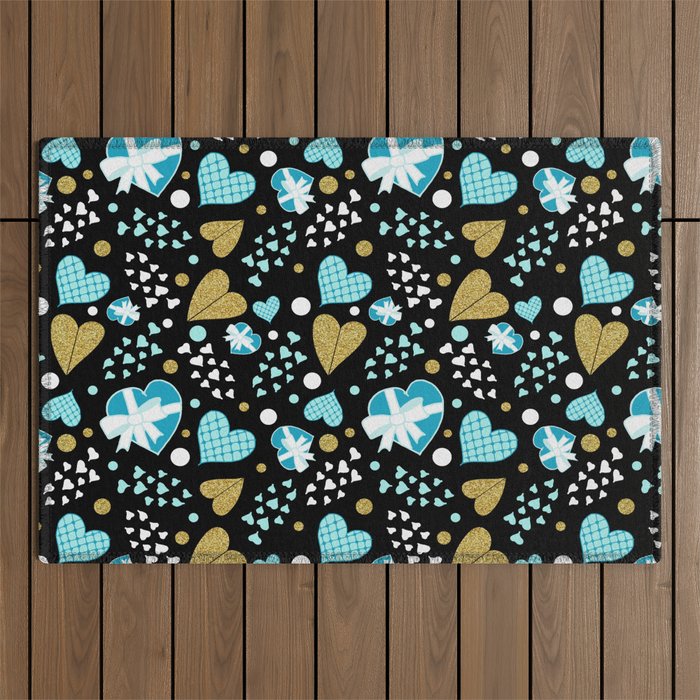 Cute Retro Blue Gold Hearts Pattern Outdoor Rug