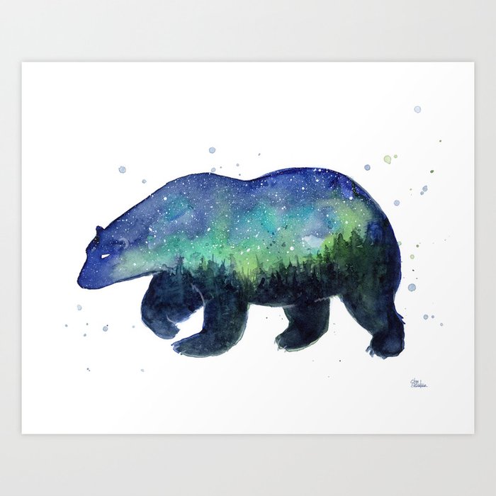Polar Bear Silhouette with Northern Lights Galaxy Art Print