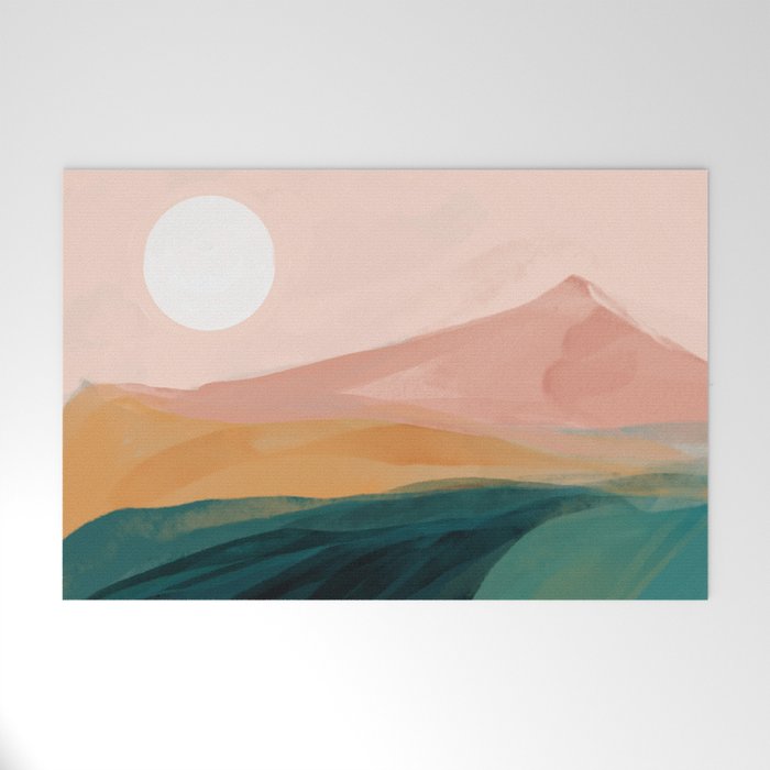 pink, green, gold moon watercolor mountains Welcome Mat