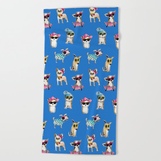 funny dogs with glasses watercolor illustration Beach Towel