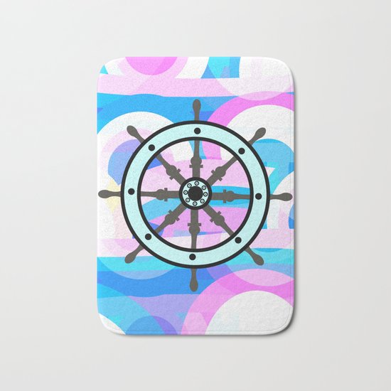 Ship's wheel on abstract marine background Bath Mat