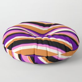 [ Thumbnail: Colorful Indigo, Hot Pink, Beige, Chocolate & Black Colored Lined Pattern Floor Pillow ]