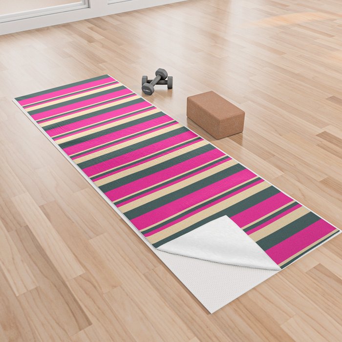 Beige, Dark Slate Gray, and Deep Pink Colored Stripes/Lines Pattern Yoga Towel