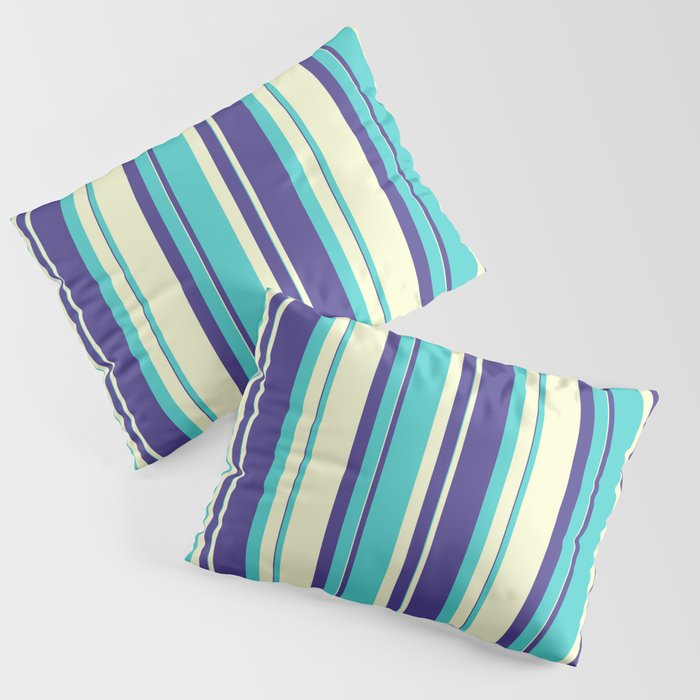 Dark Slate Blue, Turquoise & Light Yellow Colored Striped/Lined Pattern Pillow Sham