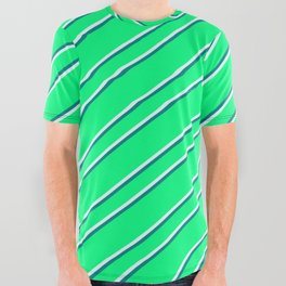 [ Thumbnail: Green, Light Cyan, and Teal Colored Striped/Lined Pattern All Over Graphic Tee ]