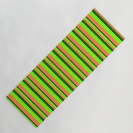 [ Thumbnail: Dark Green, Chartreuse & Coral Colored Lined/Striped Pattern Yoga Mat ]