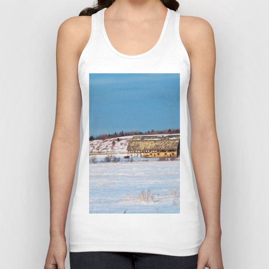 Barn gets a little glow from the Sun as it sits, waiting to be torn apart. Unisex Tank Top
