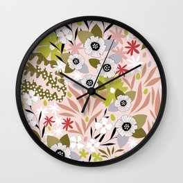 Maximalist Boho Floral Pattern 2. Olive & Blush Wall Clock