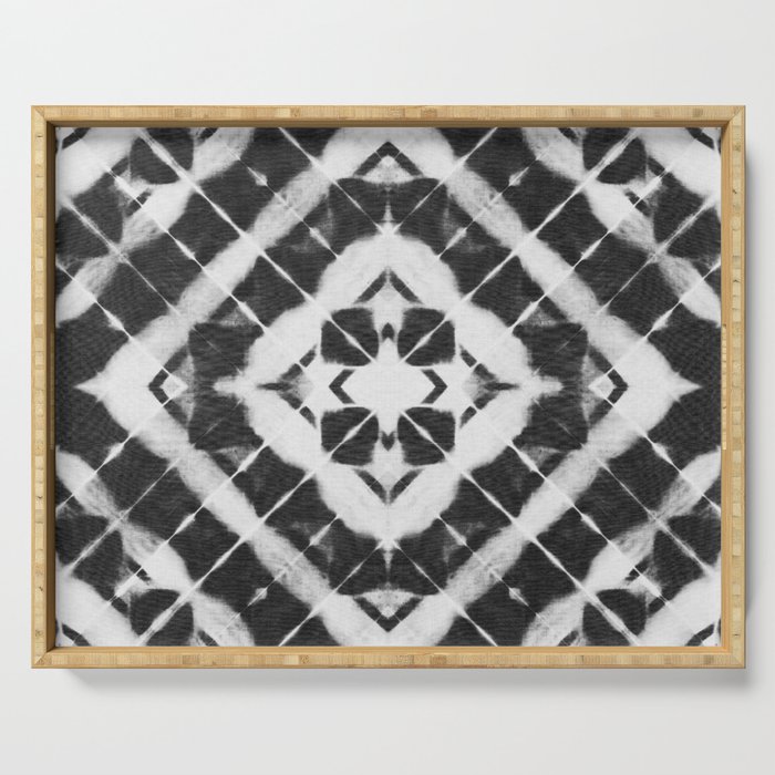 Shibori style black and white diagonal striped tile Serving Tray