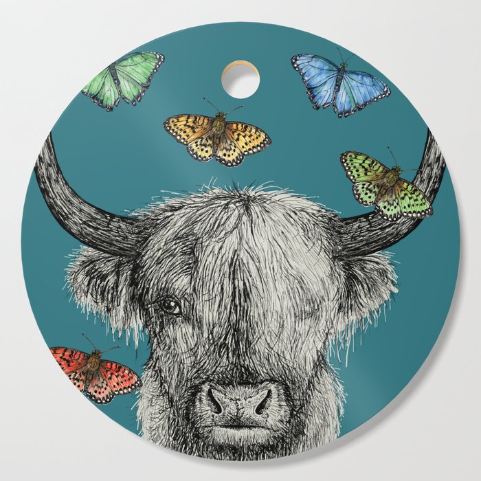 Heather the Highland Cow, Butterflies, pen and ink illustrations, blue Cutting Board