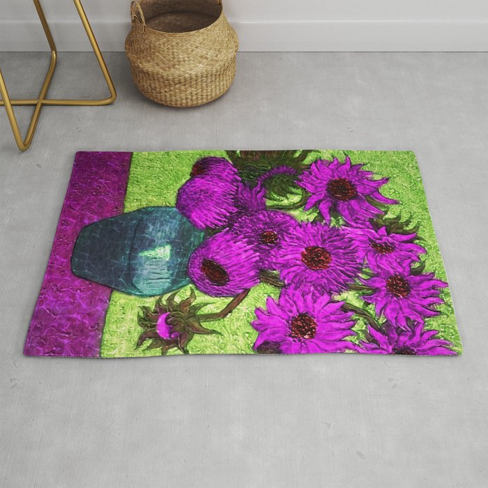 Vincent van Gogh Twelve purple sunflowers with red disk center flowers in a vase still life violet and green background portrait painting Rug