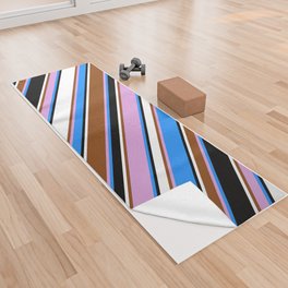 [ Thumbnail: Blue, Plum, Brown, White & Black Colored Lined/Striped Pattern Yoga Towel ]