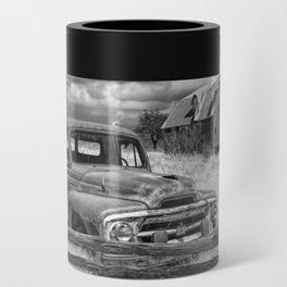 Black and White of Rusted International Harvester Pickup Truck behind wooden fence with Red Barn in Can Cooler