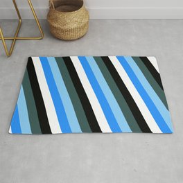 [ Thumbnail: Dark Slate Gray, Light Sky Blue, Blue, White, and Black Colored Lines Pattern Rug ]