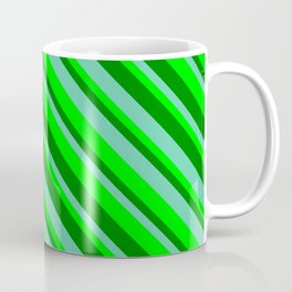 [ Thumbnail: Green, Aquamarine & Lime Colored Striped Pattern Coffee Mug ]