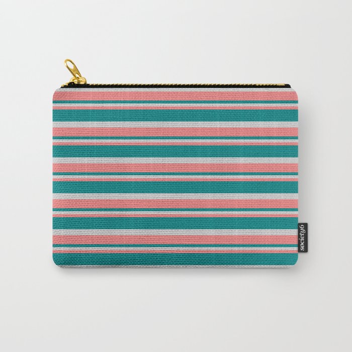 Light Coral, Teal, and Light Grey Colored Lined/Striped Pattern Carry-All Pouch