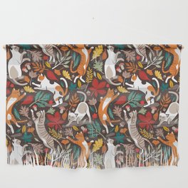 Autumn joy // brown oak background cats dancing with many leaves in fall colors Wall Hanging