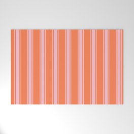 [ Thumbnail: Coral and Pink Colored Pattern of Stripes Welcome Mat ]