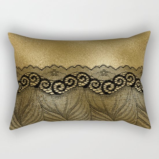Black floral luxury lace on gold effect metal background Rectangular Pillow