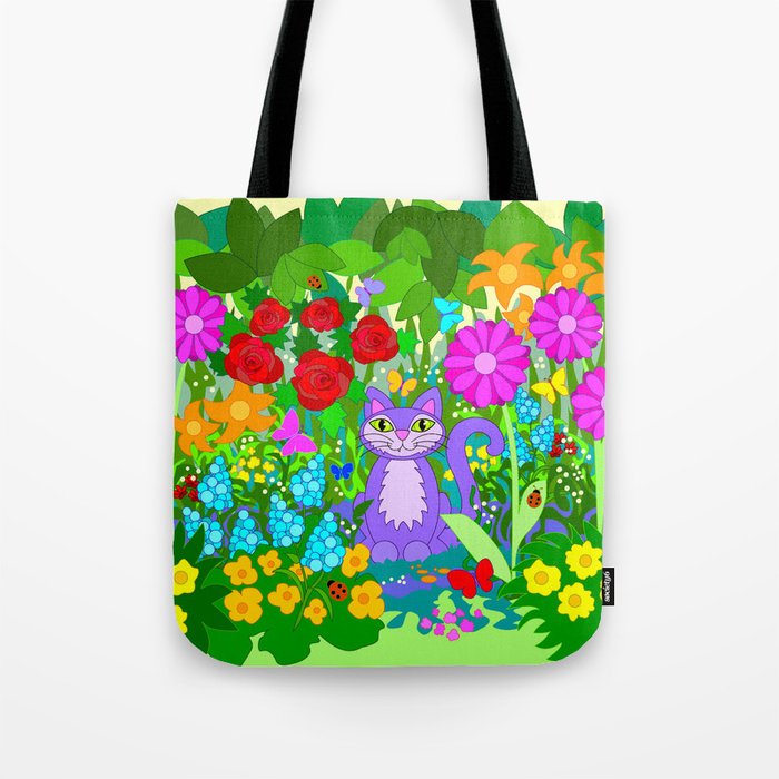 Cat in the Garden Flowers Butterflies  Tote Bag