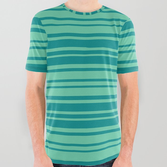 Aquamarine and Dark Cyan Colored Stripes Pattern All Over Graphic Tee