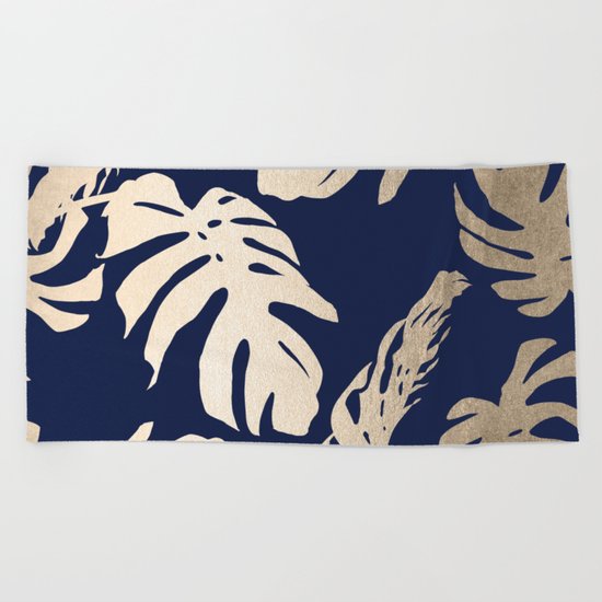 Simply Palm Leaves in White Gold Sands on Nautical Navy Beach Towel