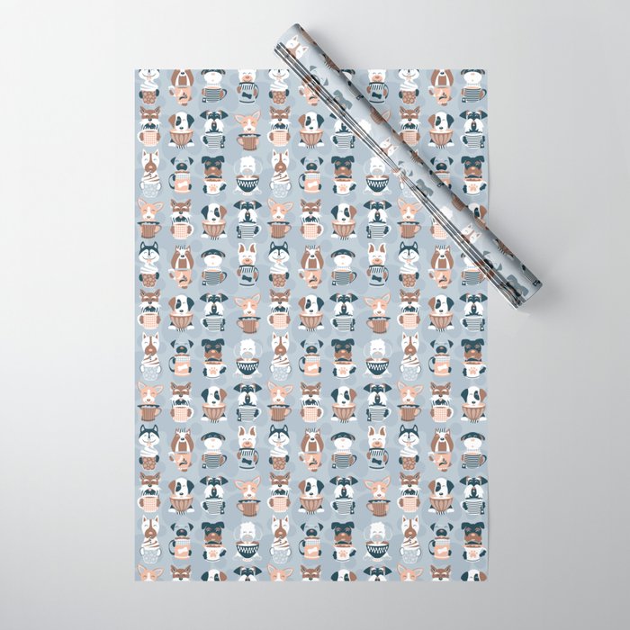 Doggie Coffee and Tea Time I // blue grey Wrapping Paper