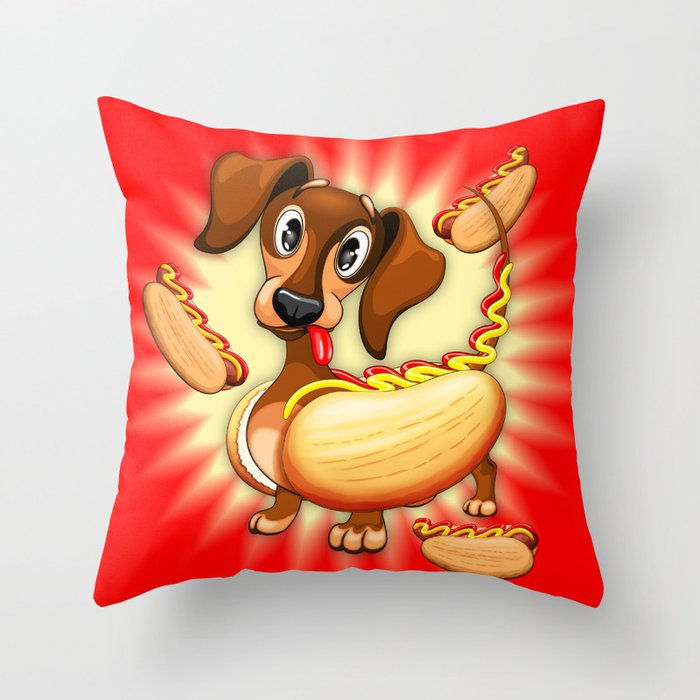 Dachshund Hot Dog Cute and Funny Character Throw Pillow