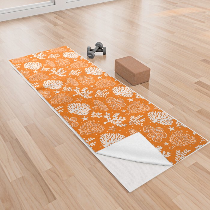 Orange And White Coral Silhouette Pattern Yoga Towel