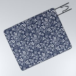 Navy Blue And White Eastern Floral Pattern Picnic Blanket