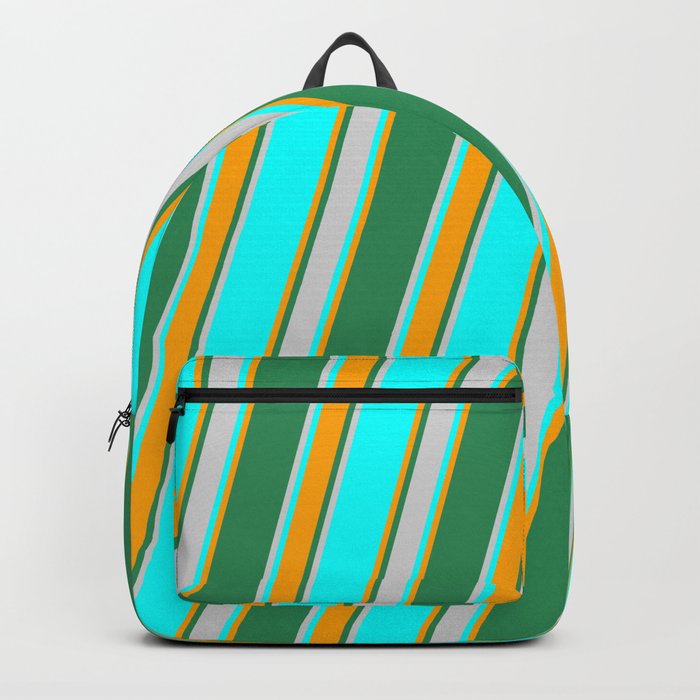 Cyan, Orange, Sea Green, and Light Grey Colored Lined Pattern Backpack