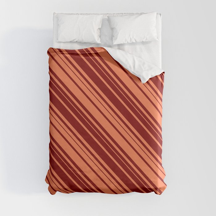 Coral & Maroon Colored Lined/Striped Pattern Duvet Cover