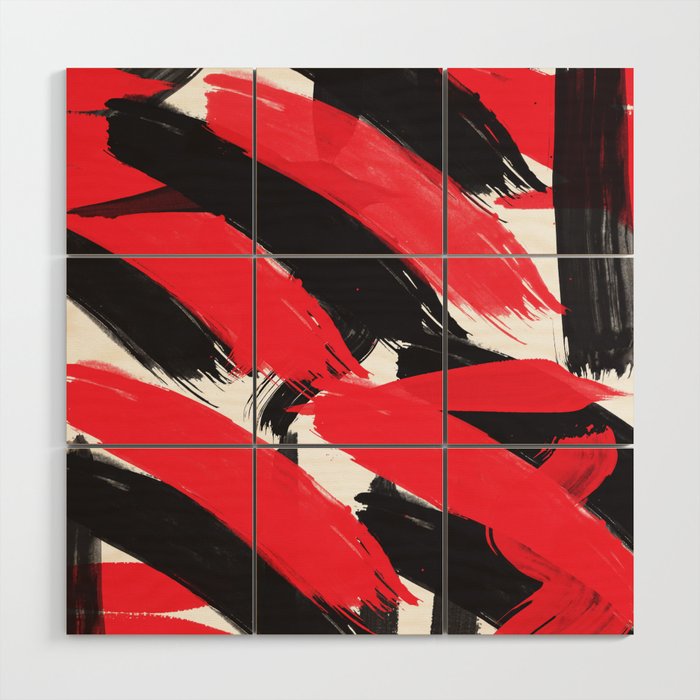 Modern Abstract Black Red Brush Strokes Pattern Wood Wall Art By Girlytrend