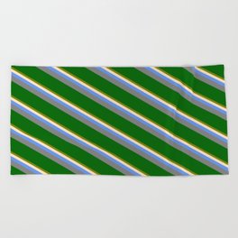 [ Thumbnail: Eyecatching Green, Bisque, Cornflower Blue, Gray, and Dark Green Colored Lined/Striped Pattern Beach Towel ]