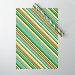 [ Thumbnail: Pale Goldenrod, Chocolate, Turquoise & Forest Green Colored Lines Pattern Wrapping Paper ]