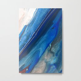 Dark Blue Flow II - Blue Striped Fluid Pour Painting Metallic Metal Print
