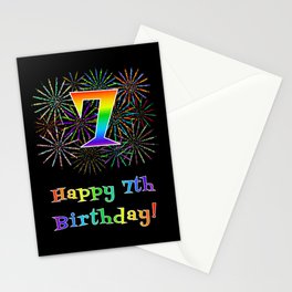 [ Thumbnail: 7th Birthday - Fun Rainbow Spectrum Gradient Pattern Text, Bursting Fireworks Inspired Background Stationery Cards ]