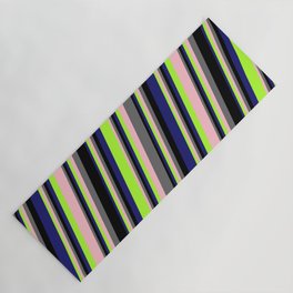 [ Thumbnail: Eye-catching Midnight Blue, Light Green, Pink, Dim Grey, and Black Colored Striped Pattern Yoga Mat ]