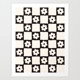 Retro Flower Checker in Black&White Art Print