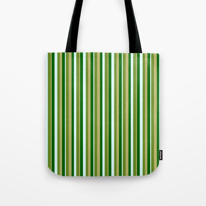 Green, Dark Khaki, Dark Green & Light Cyan Colored Lined Pattern Tote Bag
